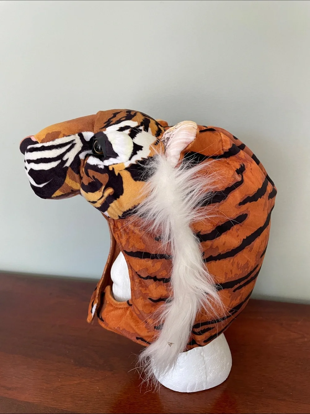 Kids Plush Tiger Head Costume Hat in Orange with White Accents